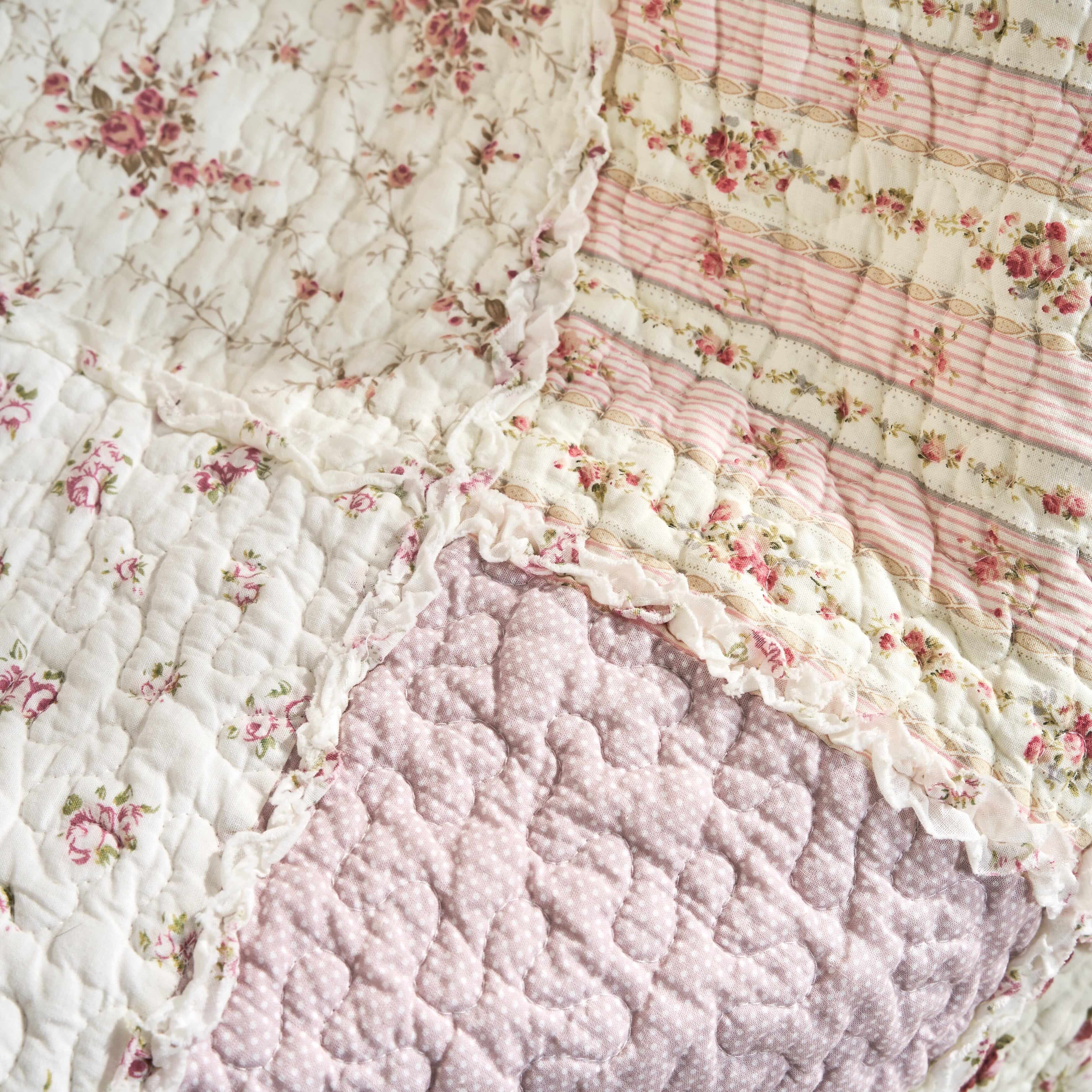 DaDalogy Bedding - Wholesale Throw Blanket - DaDalogy Cotton Patchwork Throw Blanket - Floral Cottage Quilted Reversible Blush Pink & Cream Shabby Chic Botanical Ruffle Design - Vintage Garden Rose Pastel Accents (3031)- 50 x 608