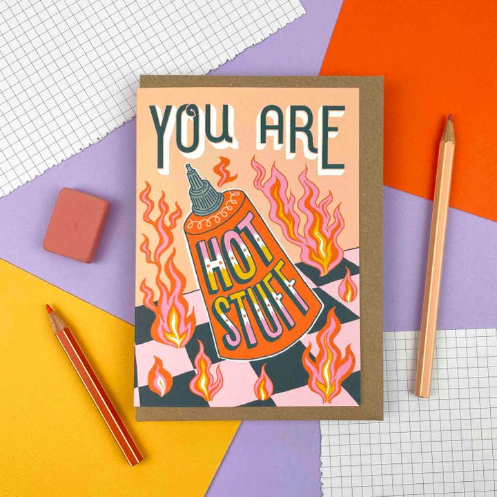 Hot Stuff, Spicy Sauce Valentine Card for wholesale by Jacqueline Colley