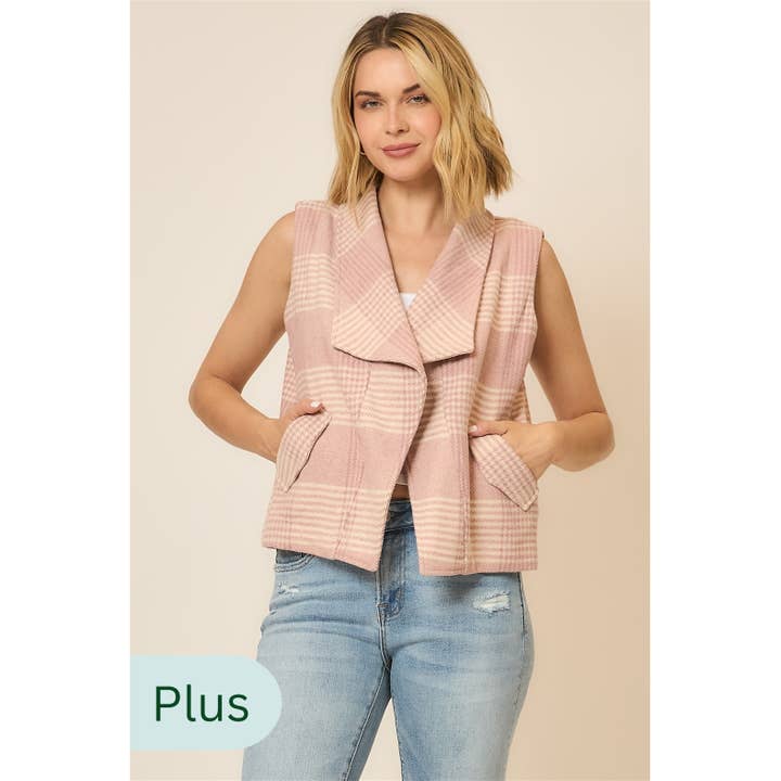 Plaid Open Front Sleeveless Jacket for wholesale by Cozy Casual, Inc.