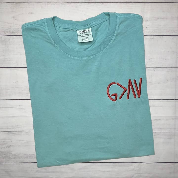 Gods is Greater than Highs and Lows Embroidered TShirt for wholesale by Handmade Pieces Company LLC
