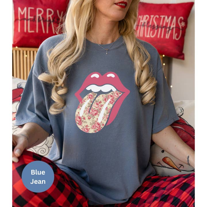 Graphic Galore - Wholesale Screen Printed T-Shirt - Women's - Rolling Stones Floral Tongue Shirt, Bleached Shirt, Tongue Out Rolling Stone, Floral Tongue Bleached, Rock and Roll, Gift for Her5