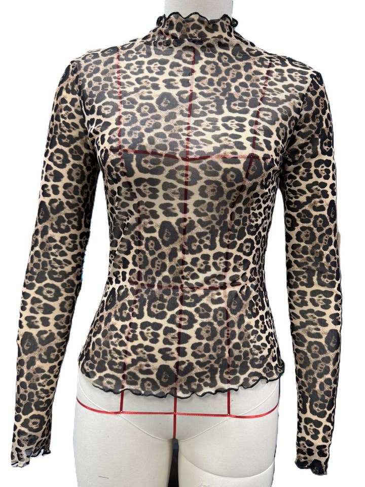 Western Mesh Leopard Print Long-Sleeved Top for wholesale on Faire6
