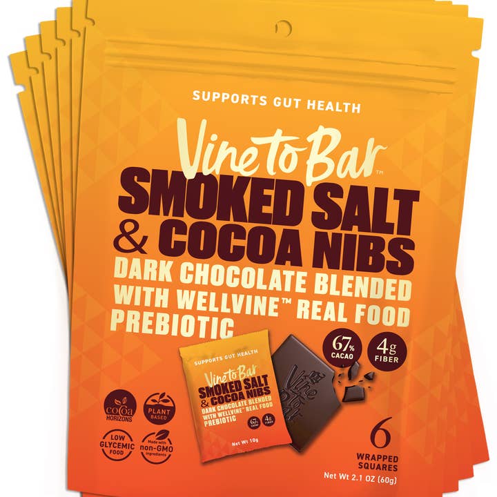 6 Pochettes Six Pack - Sel Fumé et Éclats de Cacao Carrés de Chocolat Noir 10g pour la vente par Vine to Bar Chocolate