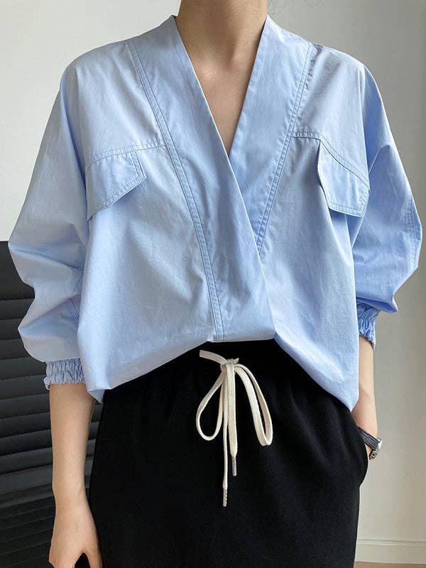 UZ Wholesale Store - Wholesale Button Down Shirt - Women's - Trendy Batwing Sleeves Solid Color V-Neck Blouses12