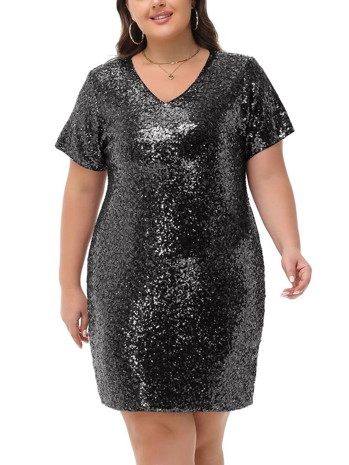 Plus Size Short Sleeve V Neck Sequin Dresses for wholesale by Anna Kaci Wholesale