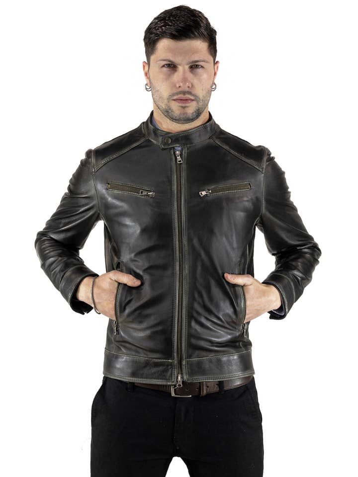 U06 - Chaqueta Hombre Leared Verde en piel auténtica para venta al por mayor de Michelangelo srls