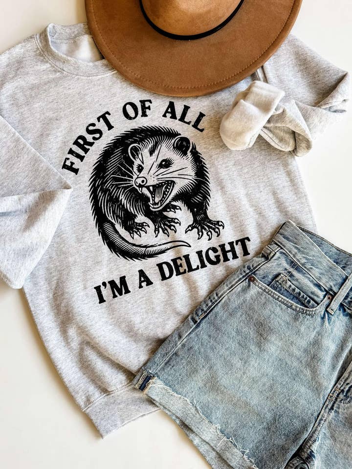 Mugsby - Wholesale Graphic Sweatshirt - Women's - First of All I'm a Delight Sweatshirt, Funny Crewneck