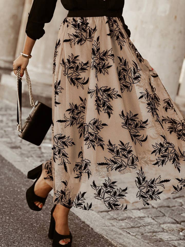Apricot Floral Leaves Embroidered High Waist Maxi Skirt for wholesale on Faire
