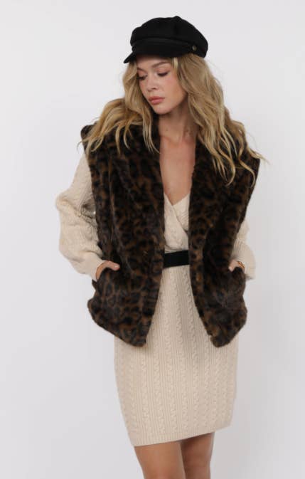 Sage The Label - Vente Pull sans manches – femme - Gilet surdimensionné en fausse fourrure léopard Waverly : MARRON NOIR16
