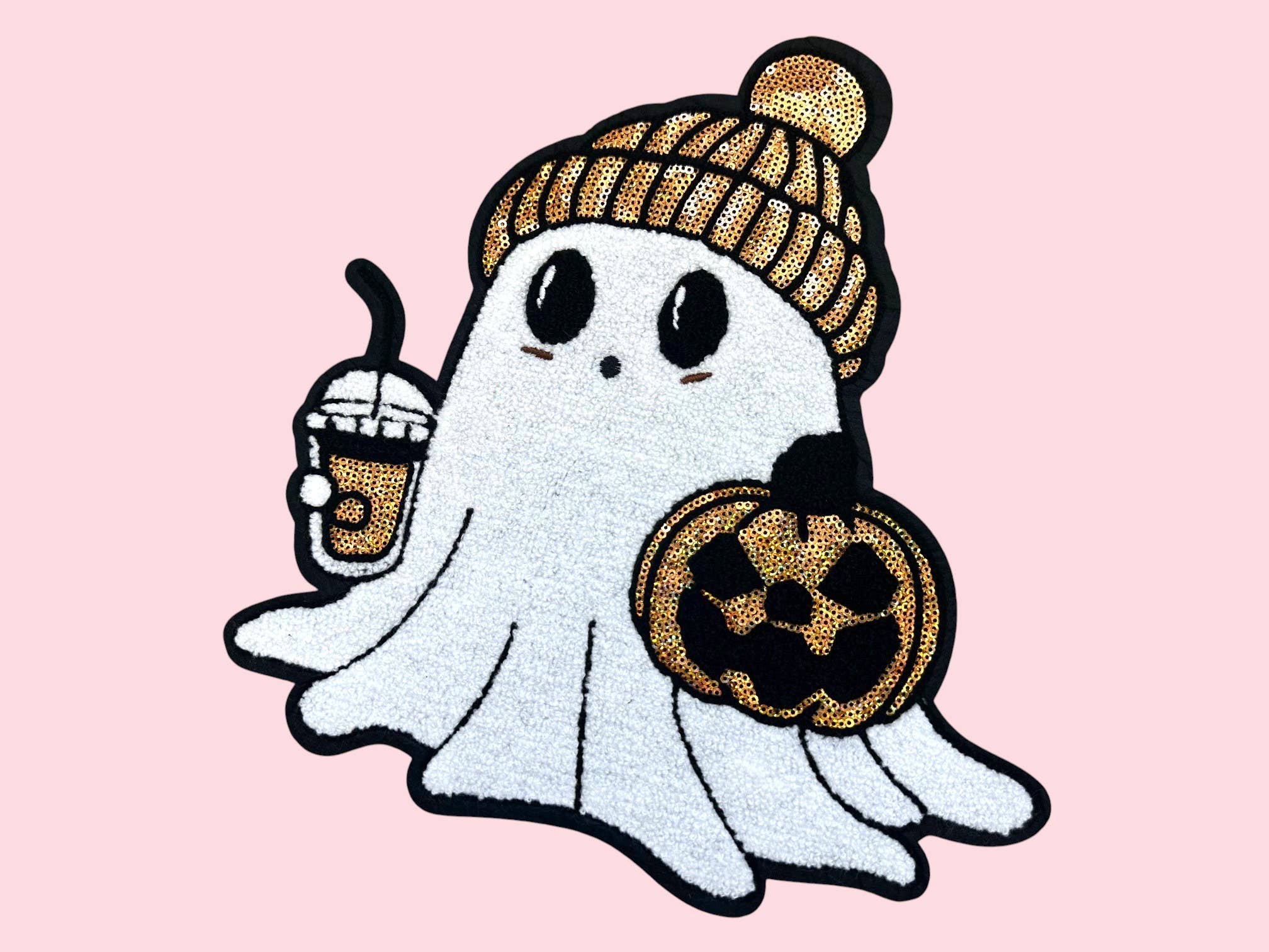 Rosie Posie Patches - Wholesale Patch - Halloween Sequin Ghost with Pumpkin and Coffee Iron On Patch1