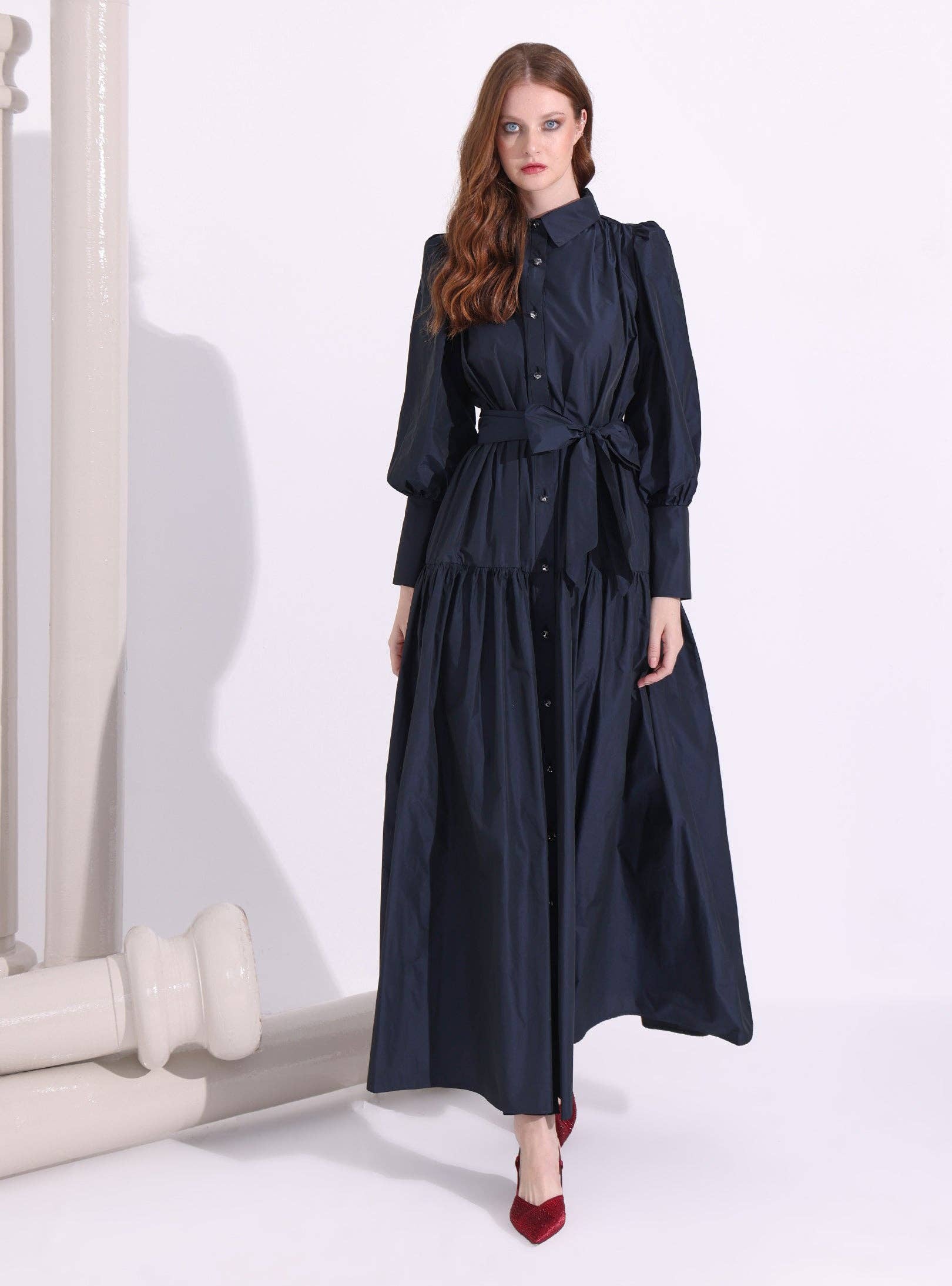 Store WF – wholesale Dress – Women's – Navy Taffeta Cristal Button Maxi Dress1