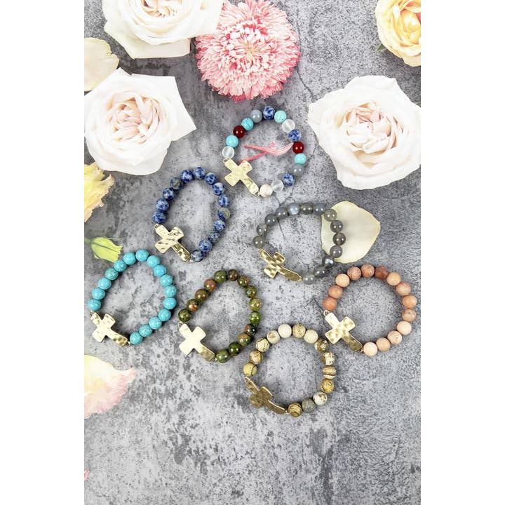 JHP Collection - Wholesale Beaded Bracelet - RELIGIOUS HAMMERED CROSS NATURAL STONE BRACELET