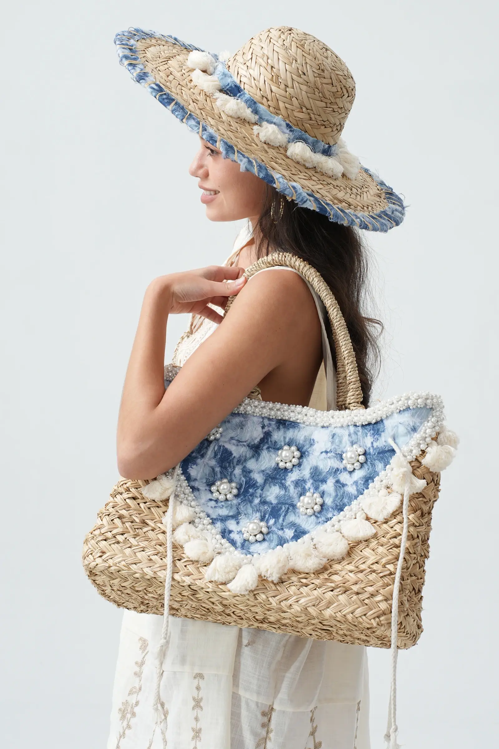 Blue Straw Tote Bag With Denim, Beads And Tassels BA-15322 for wholesale on Faire1