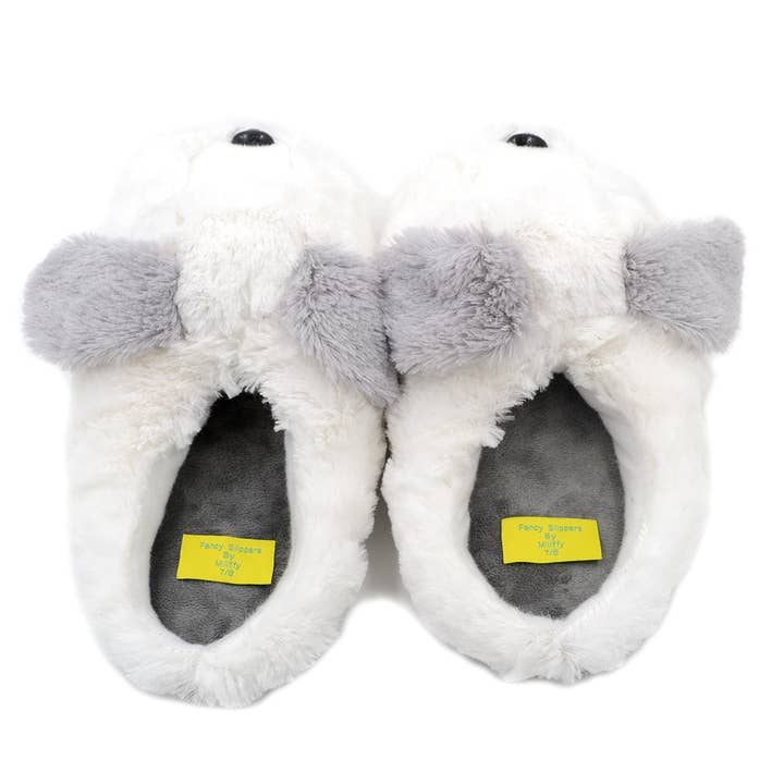 Blanc Pantoufles en peluche chien mignon Millffy, chaussons en peluche douce, chaussons chauds pour la maison. en vente sur Faire2