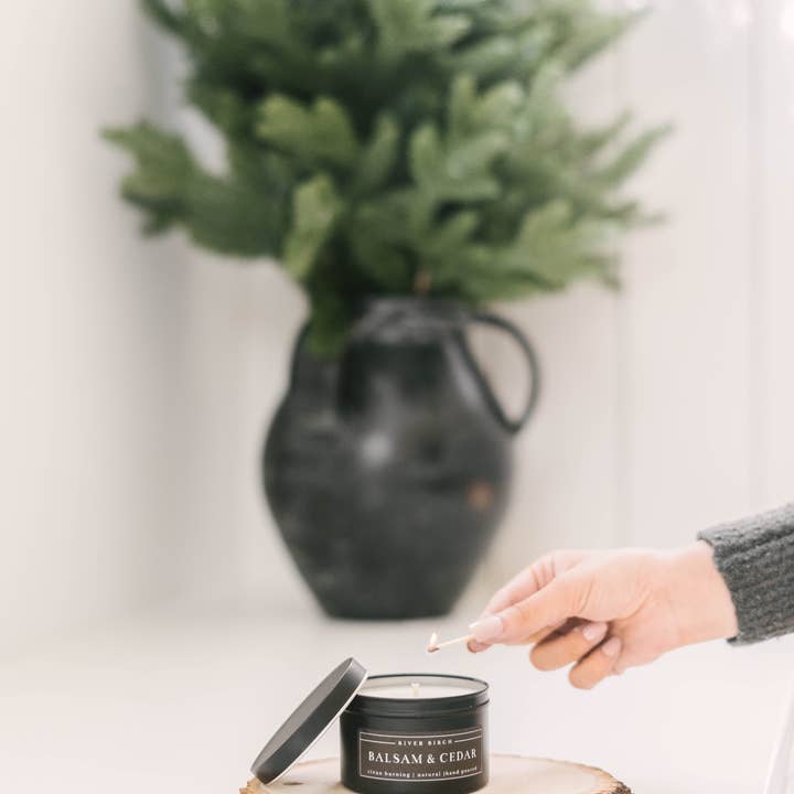 River Birch Candles - Wholesale Travel Candles - 8oz Balsam & Cedar - Black Tin Soy Candle2