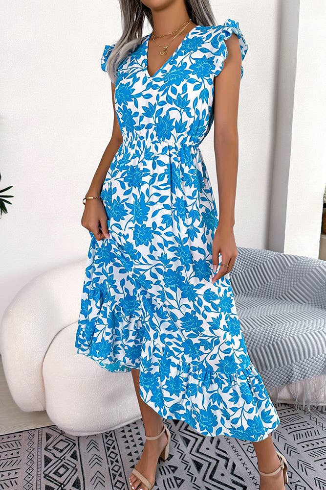UNISHE - Wholesale Dress - Women's - V Neck Flutter Sleeves Maxi Floral Dress BJS06710