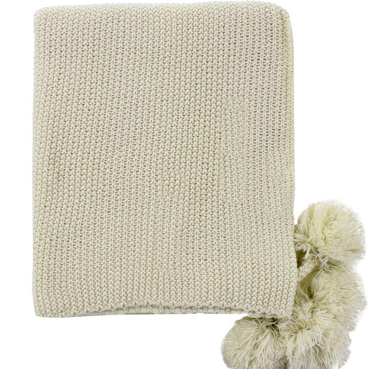 Fennco Styles - Wholesale Throw Blanket - Natural Chunky Knit Pom Pom Throw Blanket
