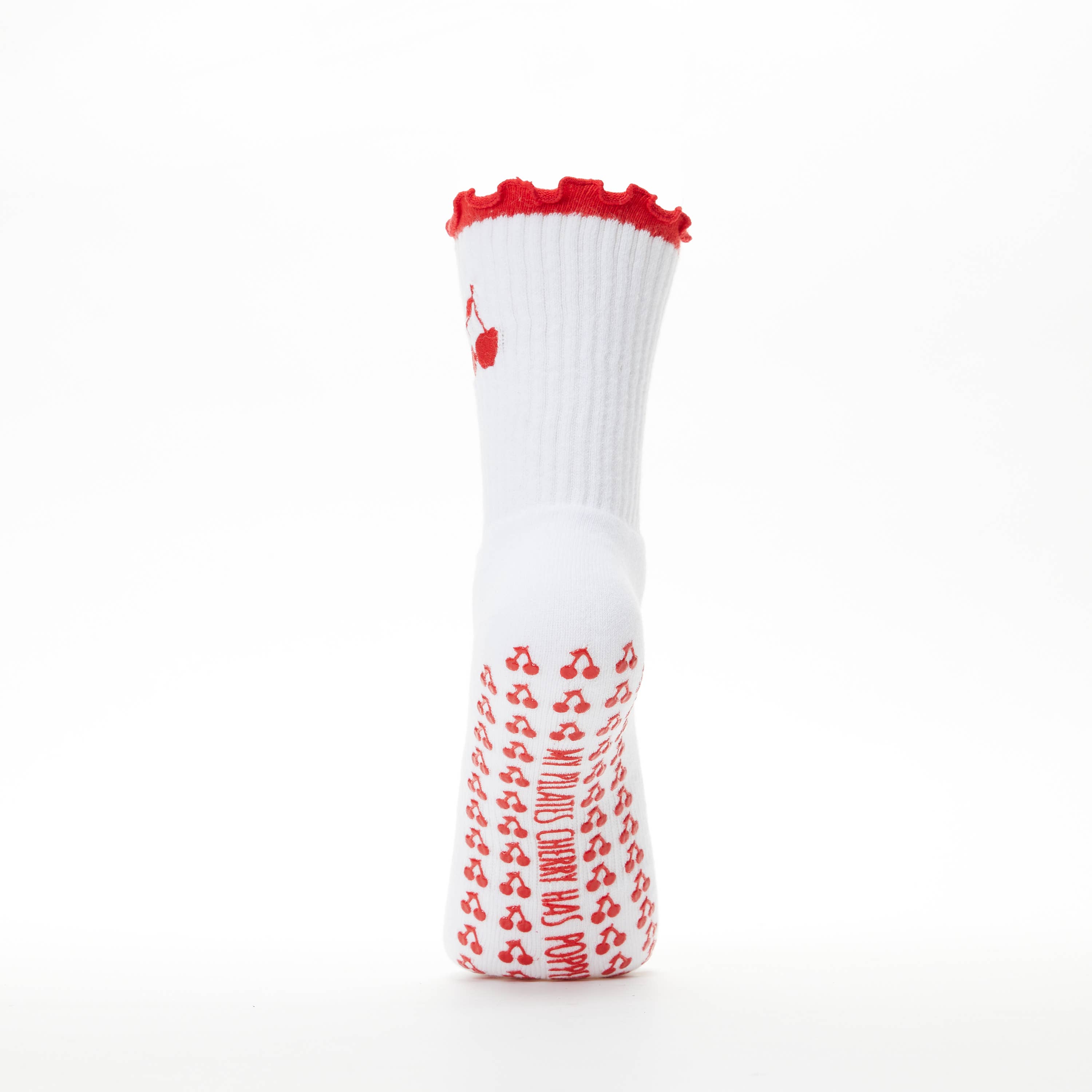 White Popped My Cherry Pilates Grip Socks for wholesale on Faire17