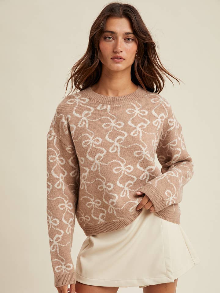 BOW JACQUARD RELAXED CROP SWEATER / WL25-10859 for wholesale by Wishlist Apparel