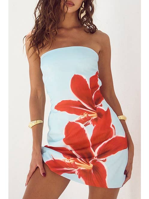 HIDDENBRAND - Wholesale Dress - Women's - Visual Hibiscus Floral Bandeau sleeveless mini tube dress