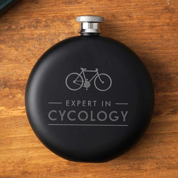 Dapper Chap 'Expert In Cycology' Black 6oz Hip Flask for wholesale by CGB Giftware