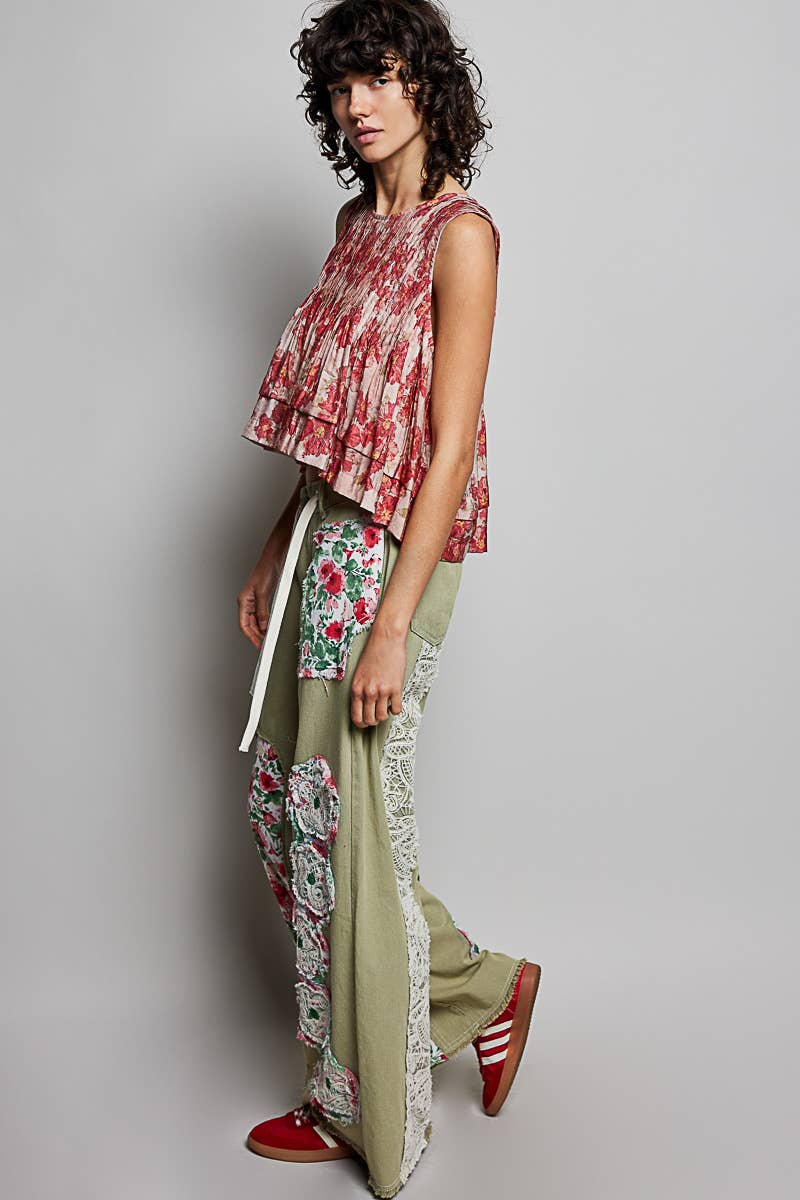 Pol Clothing - Vente Jean – femme - Pantalon en denim à cordon de serrage avec empiècement floral9