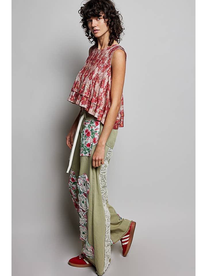 Pol Clothing - Vente Jean – femme - Pantalon en denim à cordon de serrage avec empiècement floral9