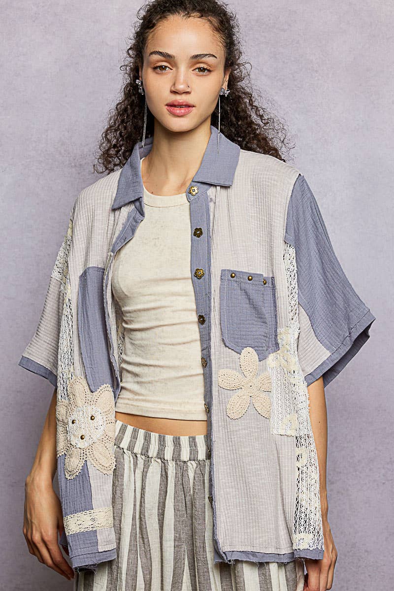 Pol Clothing - Wholesale Button Down Shirt - Women's - Collared Studded Button-down Short Sleeve Knit Shirt Top23