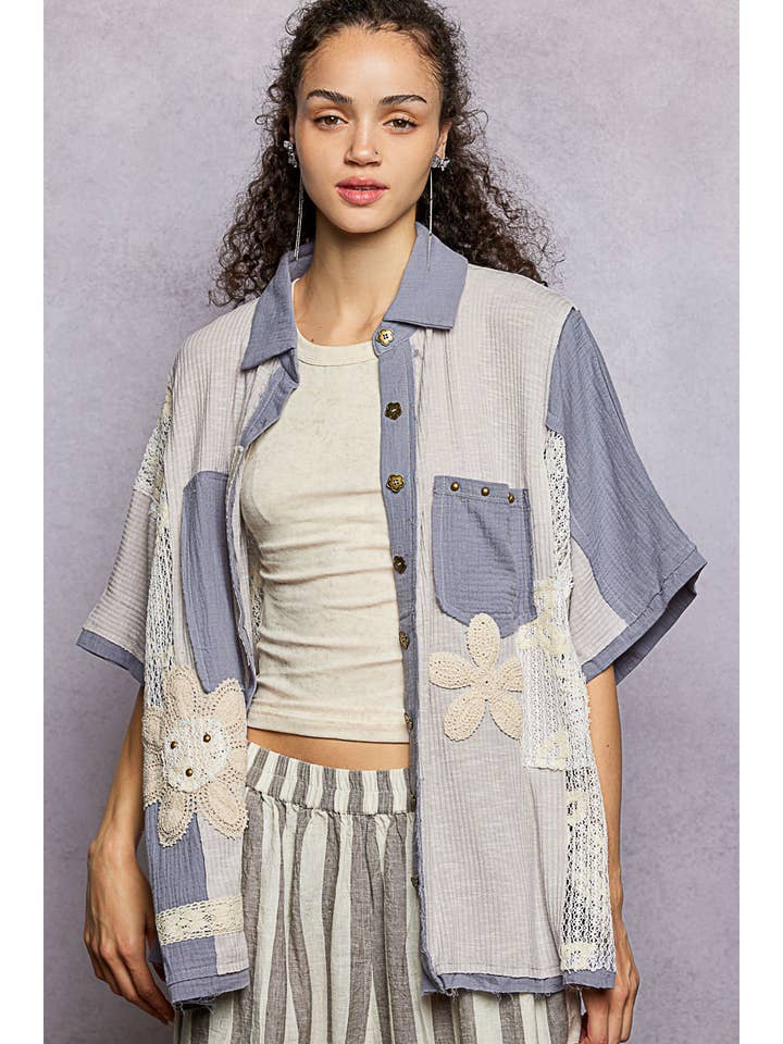 Pol Clothing - Wholesale Button Down Shirt - Women's - Collared Studded Button-down Short Sleeve Knit Shirt Top23