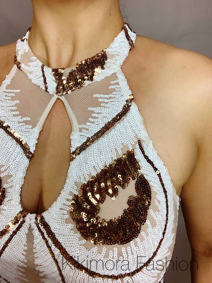 Combinaison à paillettes pour femmes ou hommes, body de mariage, costume d'aérien, léotard de contorsionniste, justaucorps en résille transparente, floral doré blanc pour la vente par Kikimora Fashion