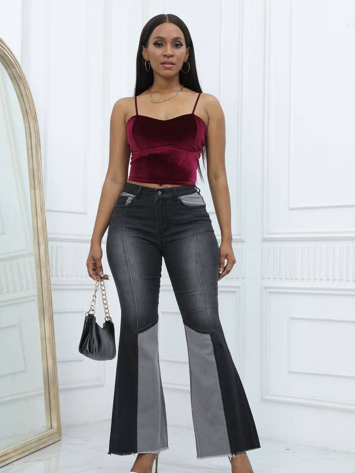 Plus Size Women Denim Stretchy Patchwork Wide Leg Pants Jeans for wholesale by Suhkasana