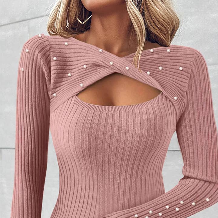 PINK SOLID COLOR PUFFLE-BEAD KNOTTED WOOL SWEATER for wholesale on Faire