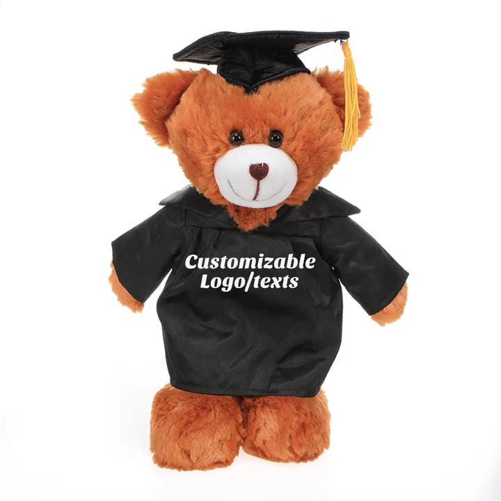 8″ Customizable Graduation Brown Bear Plush in Cap & Gown for wholesale by Plushland