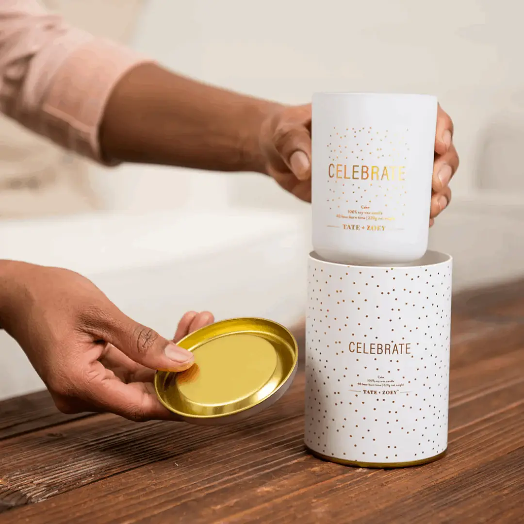 White Celebrate Candle Soy Wax Scented for wholesale on Faire1