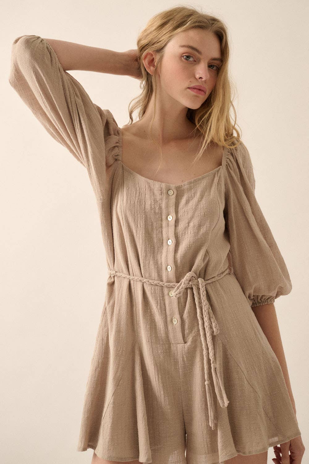 Promesa USA – Romper - Mulher por atacado – Macacão de Perna Larga com Mangas Bufantes em Algodão Texturizado12