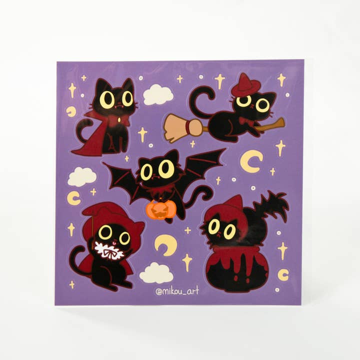 MikouArt - Wholesale Sticker - Whimsical Halloween Cat Collage Vinyl Sticker Sheet | 5.5x5.5 inch | Mikou Original Art