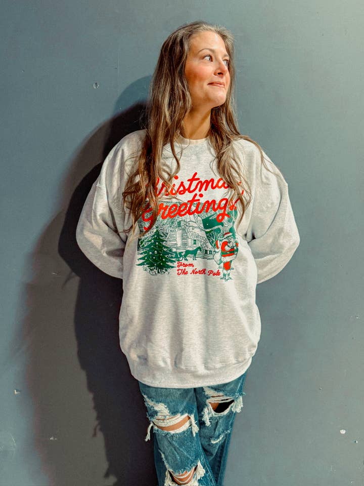 The Clandestine Underground - Wholesale Graphic Sweatshirt - Unisex - Christmas Greetings! North Pole Boxy Cotton Sweatshirt5