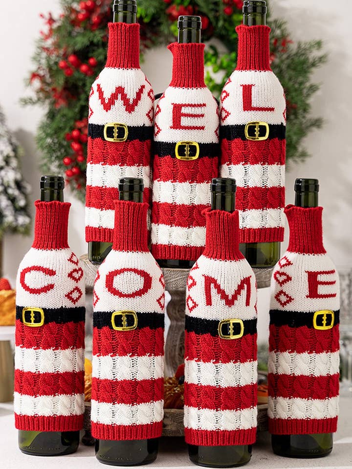 CWMM10337_KNITTED LETTER WINE BOTTLE COVER RED WHITE STRIPES for wholesale by NINEXIS