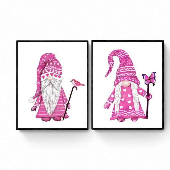 Conjunto de 2 Impressões de Arte de Parede de Gnomos Cor-de-Rosa, Arte de Dia dos Namorados, Arte de Parede de Amor, Decoração de Dia dos Namorados, Arte "Amo-te", Decoração de Parede de Feriado por atacado de MerikaArt