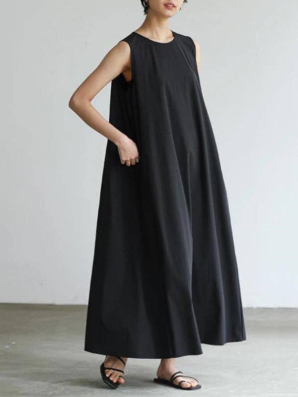 Robes midi amples sans manches à col rond de couleur unie pour la vente par VividLux