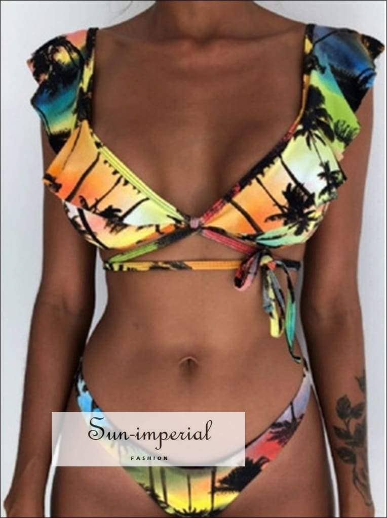 Sun Imperial – Biquíni - Mulher por atacado – Conjunto de biquíni boho vintage com estampa tribal e detalhe de babado4