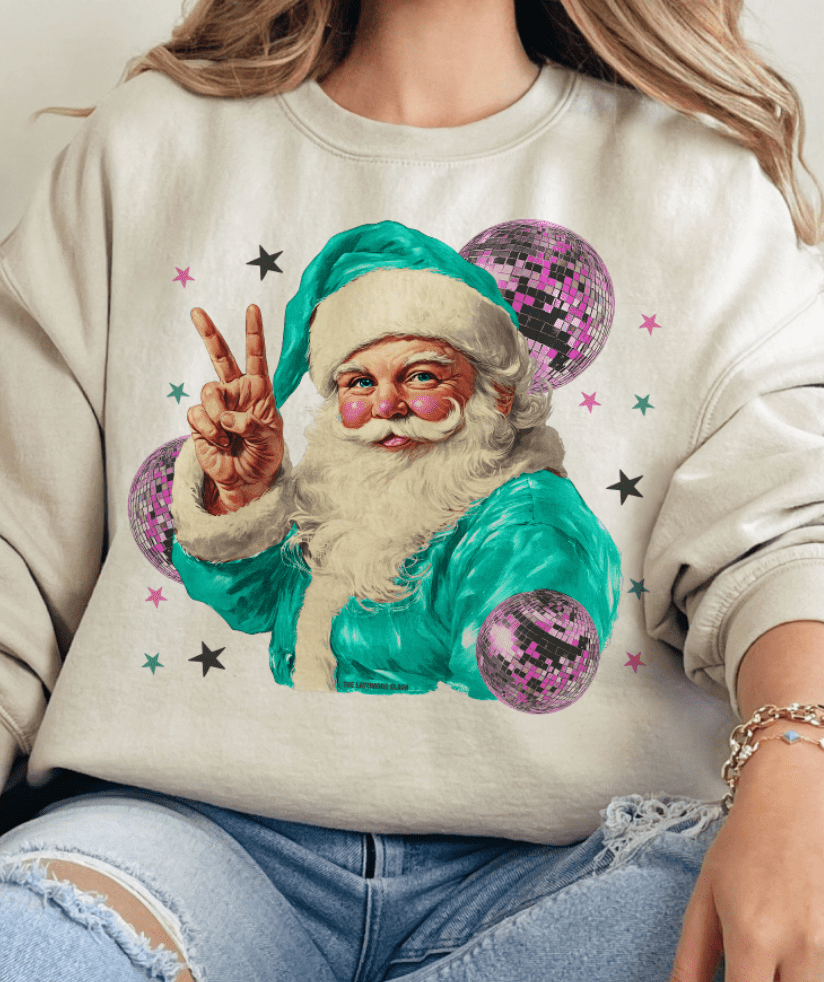 THE LATTIMORE CLAIM - Wholesale Screen Printed T-Shirt - Women's - Disco Santa Peace Hand - Multiple options2