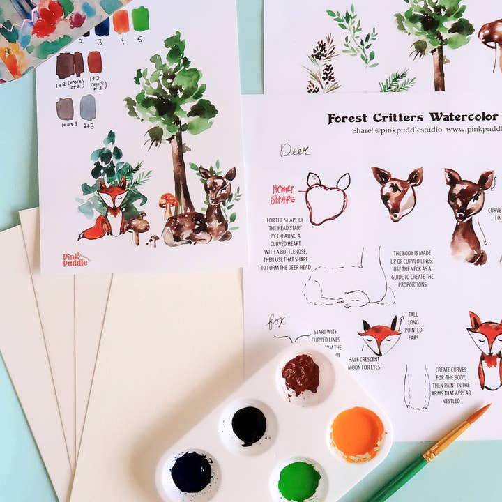 Pink Puddle Studio - Wholesale DIY Craft Kit - Watercolor Painting Kit Deer, Fox, Owl Forest Animals
