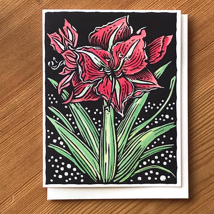 Colorful Amaryllis Holiday Notecard: size A2, blank inside for wholesale by Claire Emery Art
