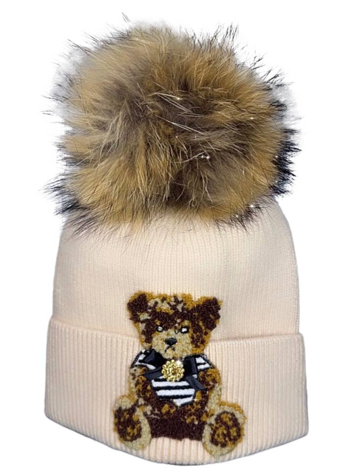 Vinter skihue i kashmirblanding med chenille bamse og ægte ræve-pompon for engroshandel hos Suzy T Designs