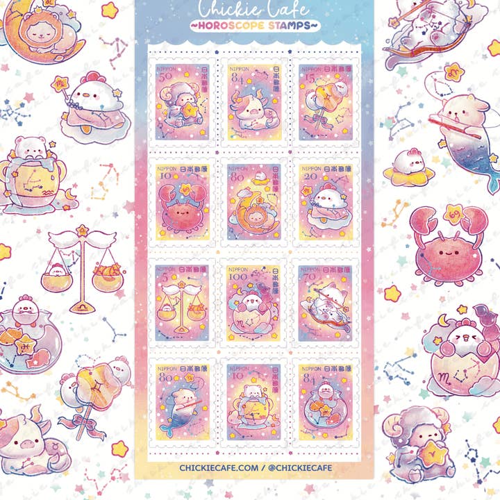 Horoscope Stamps Sticker Sheet for wholesale by Chickie Cafe