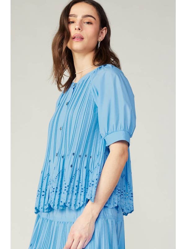 Baby Blue Button Front Pleated Eyelet Top for wholesale on Faire