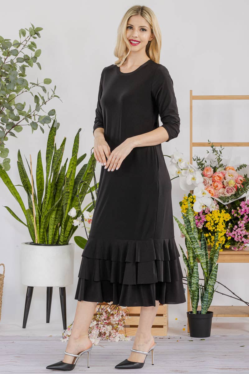 Celeste Clothing – Großhandel Kleid – Damen – Großgrößen-Midikleid mit gestuften Rüschen und 3/4-Ärmeln45