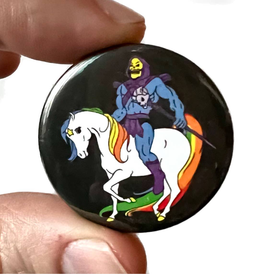 Bite Your Granny – wholesale Lapel pin/button – Starlite Skeletor Rainbow Inspired Button Pin Badge Black