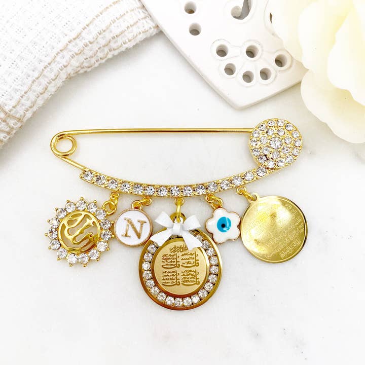 4 Qul, Ayatul Kursi Allah Blue Diamante Stroller Pin - 4 Kul, Four Qul, Islam, Muslim, Baby Pin for wholesale by Just For Bubba